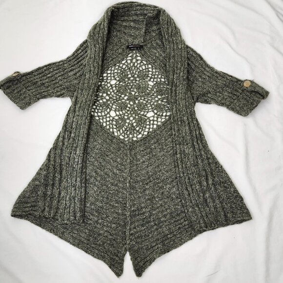 BCBG Forest Green Long Knit Cardigan Sweater Shall Collar Crochet Design Back - Picture 1 of 13